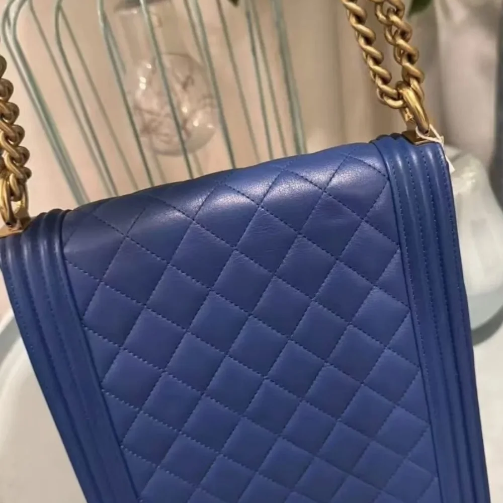Chanel Boy North South Vertical Bag Blue Quilted Lambskin Gold HardwareAuthentic - Picture 9 of 17
